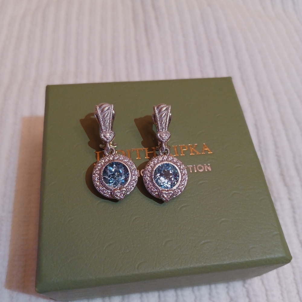 New In Box Judith Ripka Sterling Faceted blue topaz Gemstone Pierced Earrings